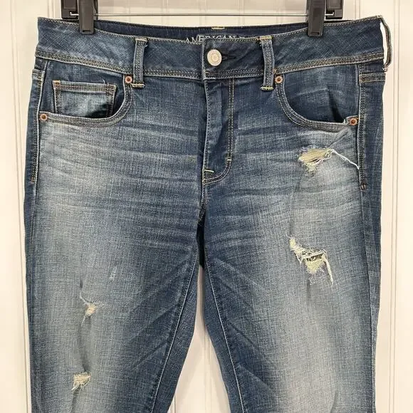 American Eagle Jeans Womens 12 Kick Boot Blue Denim Distress Grunge Western EUC - Picture 3 of 13